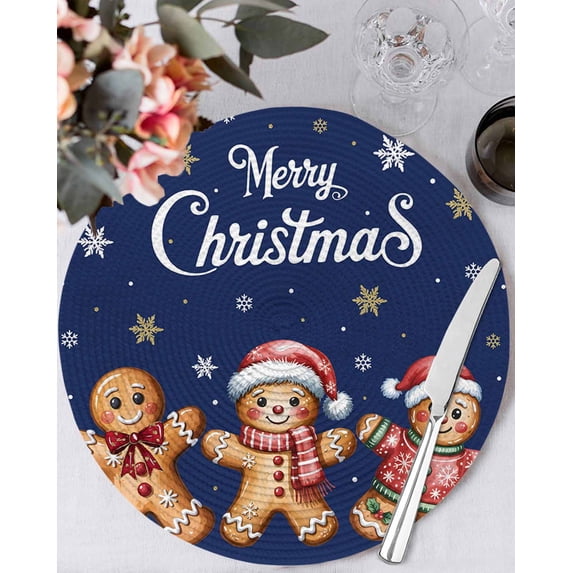 15 Inch Round Placemats Set of 6, Gingerbread Navy Blue Non Slip Heat Insulation PP Table Mats, Christmas Winter Snowflake Washable Place Mats for Kitchen Dining Party Table Decor