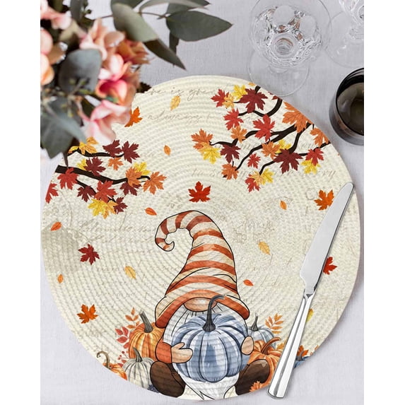 15 Inch Round Placemats Set of 6, Gnomes Pumpkin Fall Non Slip Heat Insulation PP Table Mats, Maple Leaves Thanksgiving Branches Washable Place Mats for Kitchen Dining Party Table Decor