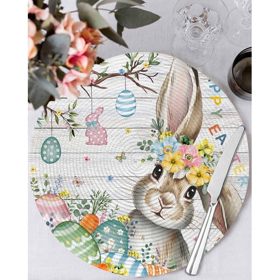 15 Inch Round Placemats Set of 6, Gray Easter Bunny Non Slip Heat Insulation PP Table Mats, Spring Easter Eggs Floral Wooden Washable Place Mats for Kitchen Dining Party Table Decor
