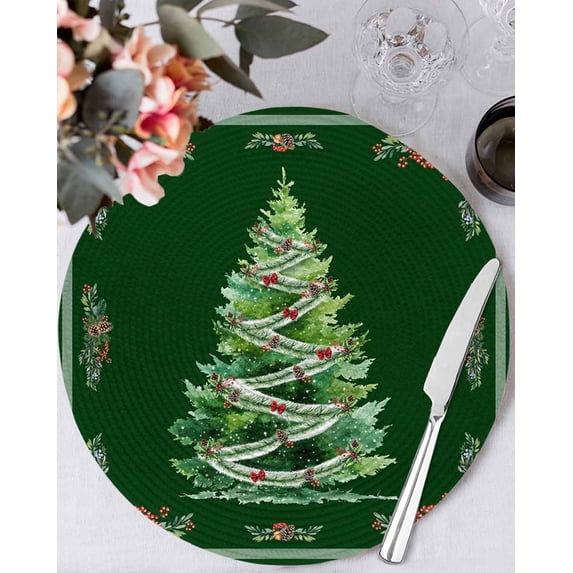 15 Inch Round Placemats Set of 6, Green Christmas Tree Non Slip Heat Insulation PP Table Mats, Snowflake Xmas Botanical Berry Washable Place Mats for Kitchen Dining Party Table Decor