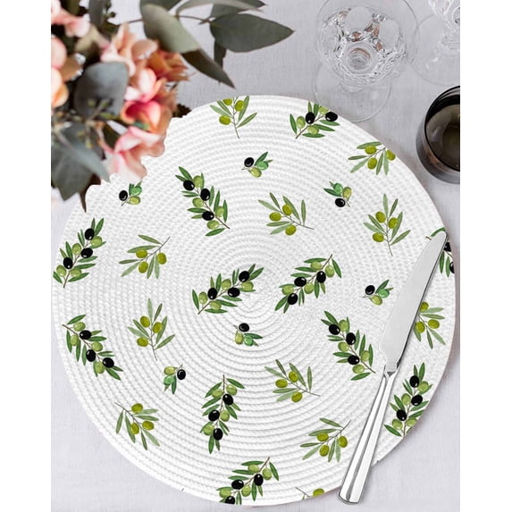 15 Inch Round Placemats Set of 6, Green Olive Branches Non Slip Heat Insulation PP Table Mats, Spring Pastoral Leaves Botanical Washable Place Mats for Kitchen Dining Party Table Decor
