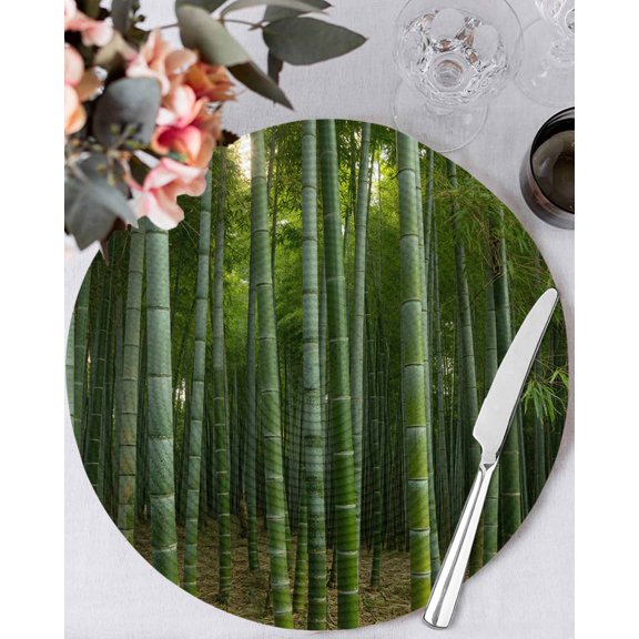 15 Inch Round Placemats Set of 6, Green Plants Non Slip Heat Insulation PP Table Mats, Forest Natural Landscape Botanical Washable Place Mats for Kitchen Dining Party Table Decor