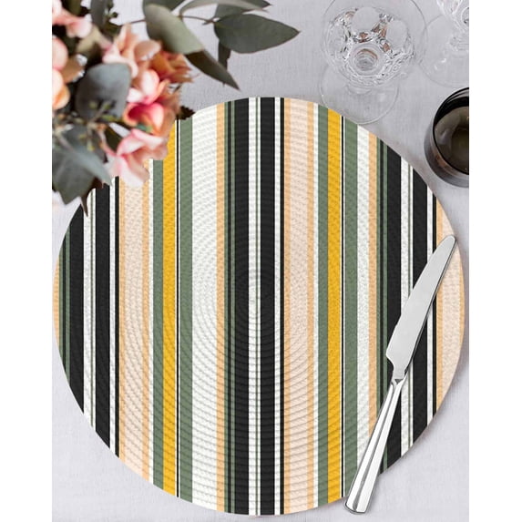 15 Inch Round Placemats Set of 6, Green Yellow Black Striped Non Slip Heat Insulation PP Table Mats, Modern Stripes Art Farmhouse Washable Place Mats for Kitchen Dining Party Table Decor