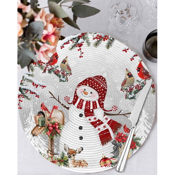 15 Inch Round Placemats Set of 6, Grey Christmas Non Slip Heat Insulation PP Table Mats, Red Snowman Xmas Tree Snowflake Winter Washable Place Mats for Kitchen Dining Party Table Decor