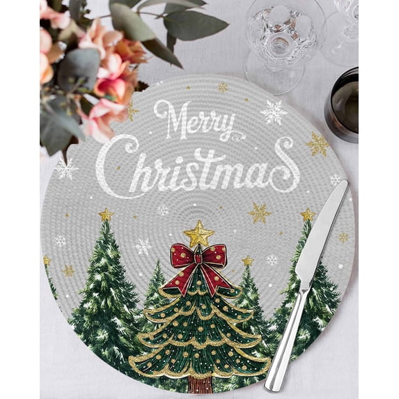 15 Inch Round Placemats Set of 6, Grey Christmas Non Slip Heat Insulation PP Table Mats, Snowflake Xmas Christmas Tree Washable Place Mats for Kitchen Dining Party Table Decor