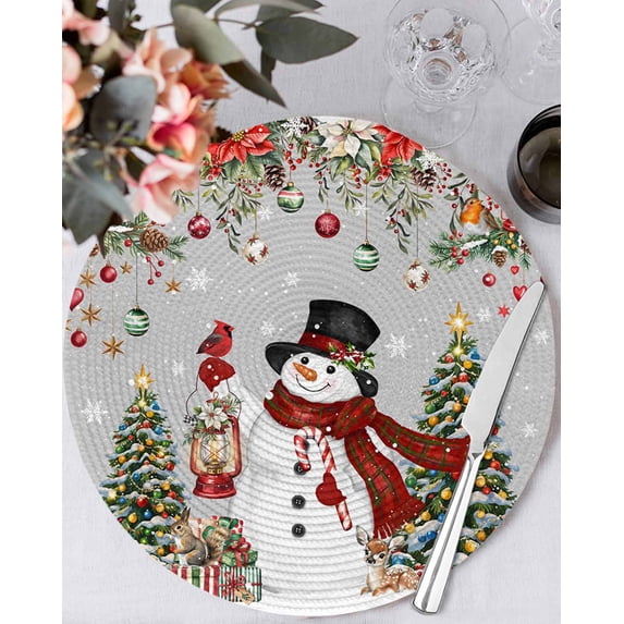 15 Inch Round Placemats Set of 6, Grey Christmas Non Slip Heat Insulation PP Table Mats, Snowman Xmas Tree Ball Snowflake Winter Washable Place Mats for Kitchen Dining Party Table Decor