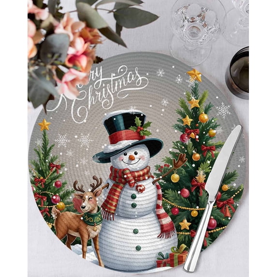 15 Inch Round Placemats Set of 6, Grey Christmas Non Slip Heat Insulation PP Table Mats, Snowman Xmas Tree Snowflake Gifts Elk Washable Place Mats for Kitchen Dining Party Table Decor