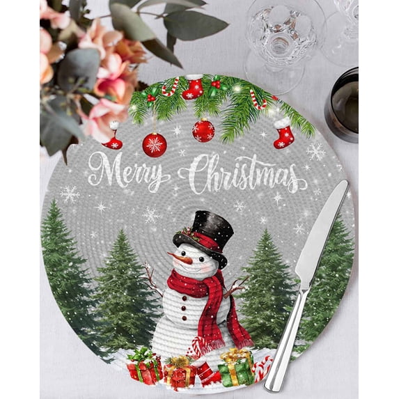 15 Inch Round Placemats Set of 6, Grey Christmas Non Slip Heat Insulation PP Table Mats, Xmas Tree Ball Snowflake Winter Gifts Washable Place Mats for Kitchen Dining Party Table Decor