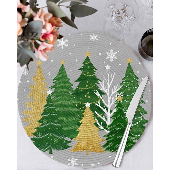 15 Inch Round Placemats Set of 6, Grey Christmas Tree Non Slip Heat Insulation PP Table Mats, Green Golden Xmas Tree Snowflake Winter Washable Place Mats for Kitchen Dining Party Table Decor