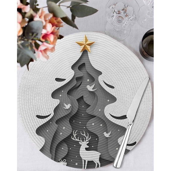 15 Inch Round Placemats Set of 6, Grey Christmas Tree Non Slip Heat Insulation PP Table Mats, Xmas Reindeer Modern Abstract Art Washable Place Mats for Kitchen Dining Party Table Decor