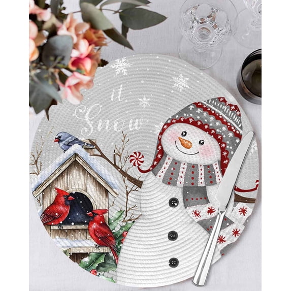 15 Inch Round Placemats Set of 6, Grey Snowman Christmas Non Slip Heat Insulation PP Table Mats, Xmas Snowflake Birds Berry Winter Washable Place Mats for Kitchen Dining Party Table Decor