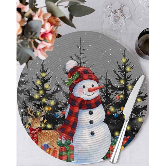 15 Inch Round Placemats Set of 6, Grey Snowman Christmas Non Slip Heat Insulation PP Table Mats, Xmas Tree Snowflake Elk Gifts Washable Place Mats for Kitchen Dining Party Table Decor