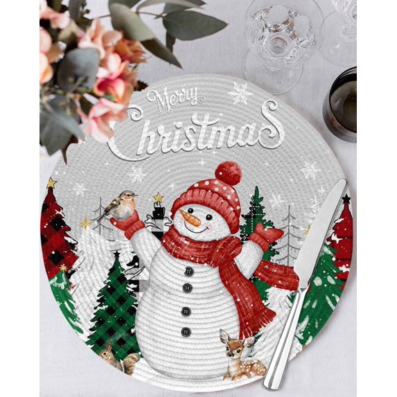 15 Inch Round Placemats Set of 6, Grey Snowman Christmas Non Slip Heat Insulation PP Table Mats, Xmas Tree Snowflake Elk Winter Washable Place Mats for Kitchen Dining Party Table Decor