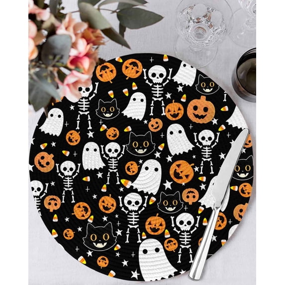 15 Inch Round Placemats Set of 6, Halloween Non Slip Heat Insulation PP Table Mats, Orange Pumpkins White Funny Ghost Black Cat Washable Place Mats for Kitchen Dining Party Table Decor