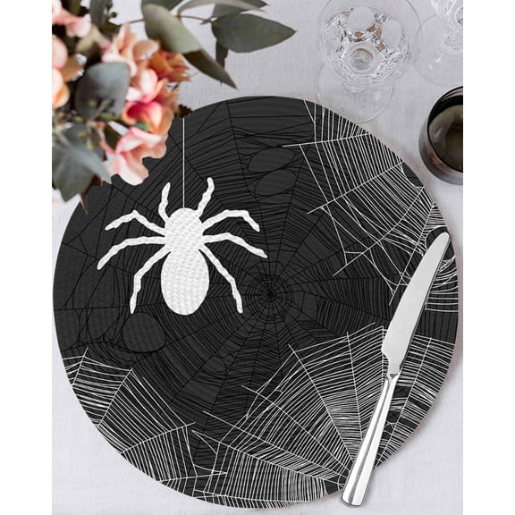 15 Inch Round Placemats Set of 6, Halloween Non Slip Heat Insulation PP Table Mats, Spiders Spiderweb Retro Black White Lines Washable Place Mats for Kitchen Dining Party Table Decor