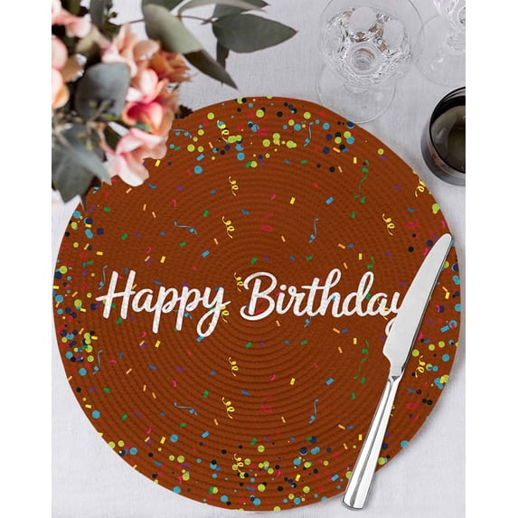 15 Inch Round Placemats Set of 6, Happy Birthday Non Slip Heat Insulation PP Table Mats, Brown Modern Abstract Art Washable Place Mats for Kitchen Dining Party Table Decor