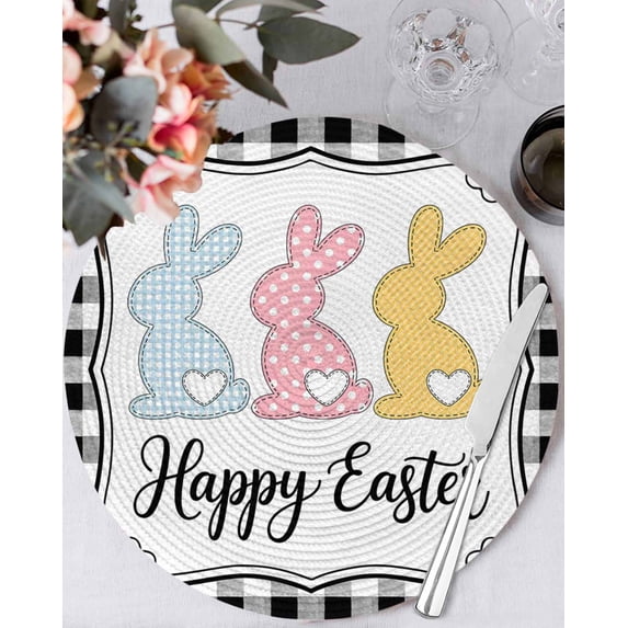 15 Inch Round Placemats Set of 6, Happy Easter Non Slip Heat Insulation PP Table Mats, Cute Lovely Colorful Rabbits Black White Plaid Washable Place Mats for Kitchen Dining Party Table Decor