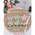 thumbnail image 1 of 15 Inch Round Placemats Set of 6, Happy Easter Non Slip Heat Insulation PP Table Mats, Gnomes Rabbit Flowers Eggs Brown Wood Grain Washable Place Mats for Kitchen Dining Party Table Decor, 1 of 7