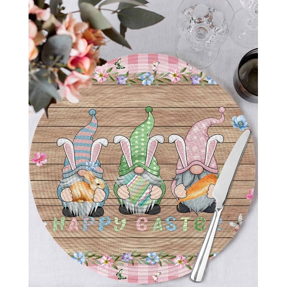 15 Inch Round Placemats Set of 6, Happy Easter Non Slip Heat Insulation PP Table Mats, Gnomes Rabbit Flowers Eggs Brown Wood Grain Washable Place Mats for Kitchen Dining Party Table Decor