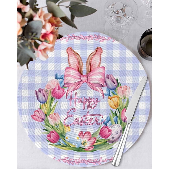 15 Inch Round Placemats Set of 6, Happy Easter Non Slip Heat Insulation PP Table Mats, Rabbits Bows Spring Tulips Eggs Purple Plaid Washable Place Mats for Kitchen Dining Party Table Decor