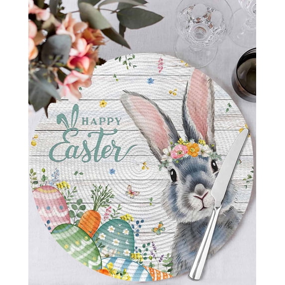 15 Inch Round Placemats Set of 6, Happy Easter Non Slip Heat Insulation PP Table Mats, Spring Bunny Easter Eggs Floral Gray Wood Washable Place Mats for Kitchen Dining Party Table Decor