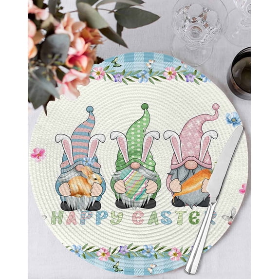 15 Inch Round Placemats Set of 6, Happy Easter Non Slip Heat Insulation PP Table Mats, Spring Gnomes Rabbit Eggs Floral Lattice Washable Place Mats for Kitchen Dining Party Table Decor