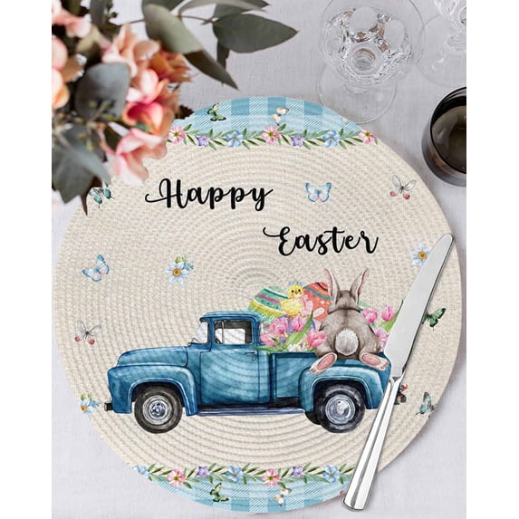 15 Inch Round Placemats Set of 6, Happy Easter Non Slip Heat Insulation PP Table Mats, Spring Truck Bunny Butterfly Blue Plaid Washable Place Mats for Kitchen Dining Party Table Decor