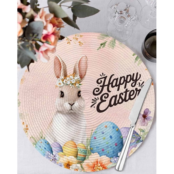 15 Inch Round Placemats Set of 6, Happy Easter Non Slip Heat Insulation PP Table Mats, Spring Watercolor Bunny Eggs Flowers Pink Washable Place Mats for Kitchen Dining Party Table Decor