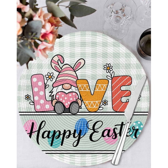 15 Inch Round Placemats Set of 6, Happy Easter Non Slip Heat Insulation PP Table Mats, Watercolor Gnomes Rabbits Eggs Love Green Plaid Washable Place Mats for Kitchen Dining Party Table Decor