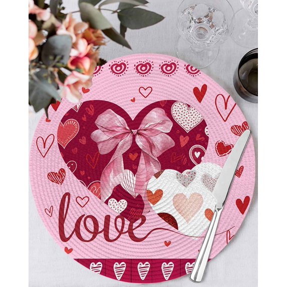 15 Inch Round Placemats Set of 6, Happy Valentine's Day Non Slip Heat Insulation PP Table Mats, Pink Love Hearts Romantic Washable Place Mats for Kitchen Dining Party Table Decor