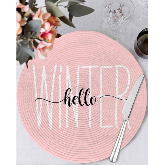 15 Inch Round Placemats Set of 6, Hello Winter Non Slip Heat Insulation PP Table Mats, Pink Merry Christmas Holiday Washable Place Mats for Kitchen Dining Party Table Decor