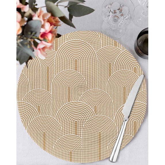 15 Inch Round Placemats Set of 6, Khaki Boho Non Slip Heat Insulation PP Table Mats, Middle Century Modern Abstract Art Washable Place Mats for Kitchen Dining Party Table Decor