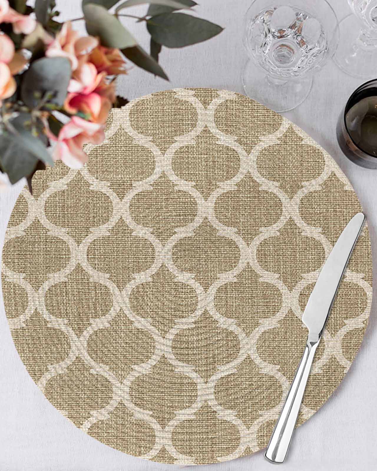 15 Inch Round Placemats Set of 6, Khaki Moroccan Non Slip Heat ...
