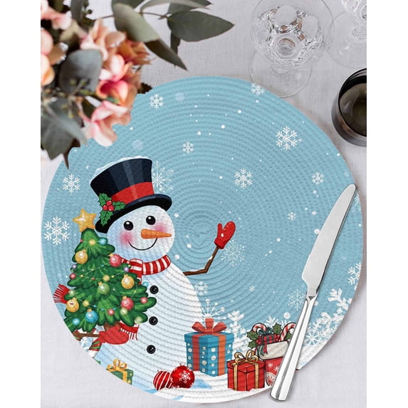 15 Inch Round Placemats Set of 6, Light Blue Snowman Christmas Non Slip Heat Insulation PP Table Mats, Gifts Xmas Tree Winter Snowflake Washable Place Mats for Kitchen Dining Party Table Decor