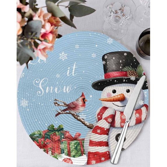 15 Inch Round Placemats Set of 6, Light Blue Snowman Christmas Non Slip Heat Insulation PP Table Mats, Winter Snowflake Xmas Gifts Washable Place Mats for Kitchen Dining Party Table Decor