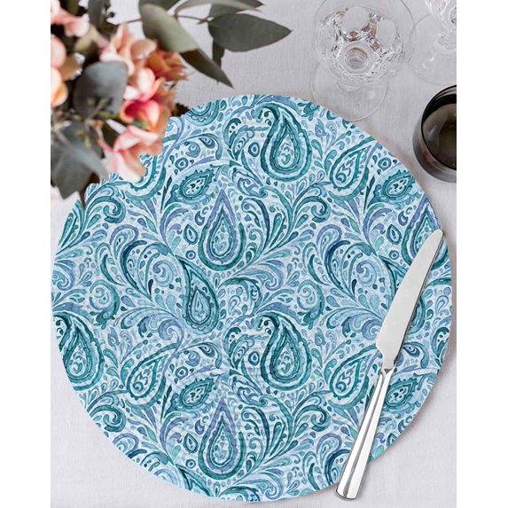 15 Inch Round Placemats Set of 6, Light Blue Teal Non Slip Heat Insulation PP Table Mats, Retro Botanical Abstract Art Washable Place Mats for Kitchen Dining Party Table Decor