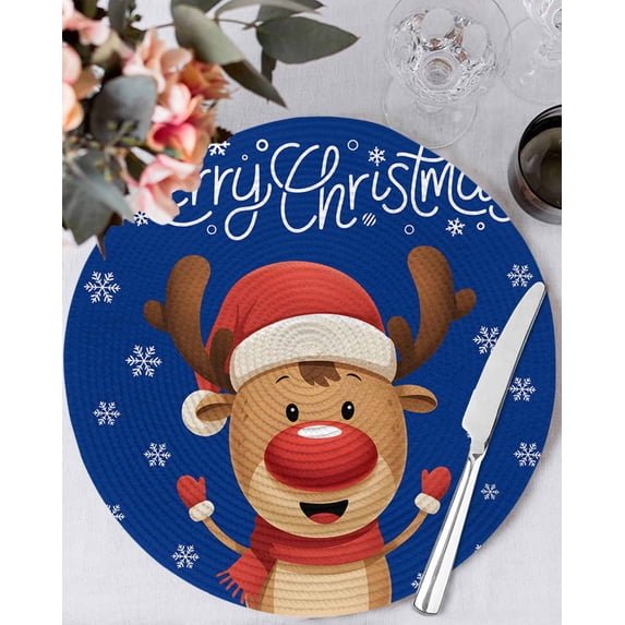 15 Inch Round Placemats Set of 6, Merry Christmas Non Slip Heat Insulation PP Table Mats, Blue Winter Xmas Hat Deer Snowflake Washable Place Mats for Kitchen Dining Party Table Decor