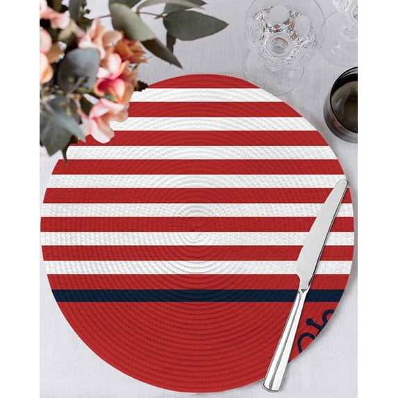 15 Inch Round Placemats Set of 6, Nautical Anchor Non Slip Heat Insulation PP Table Mats, Red White Geometric Horizontal Stripes Washable Place Mats for Kitchen Dining Party Table Decor