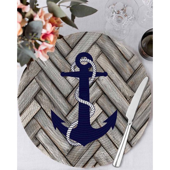 15 Inch Round Placemats Set of 6, Nautical Anchor Non Slip Heat Insulation PP Table Mats, Summer Coastal Ocean Vintage Wood Washable Place Mats for Kitchen Dining Party Table Decor
