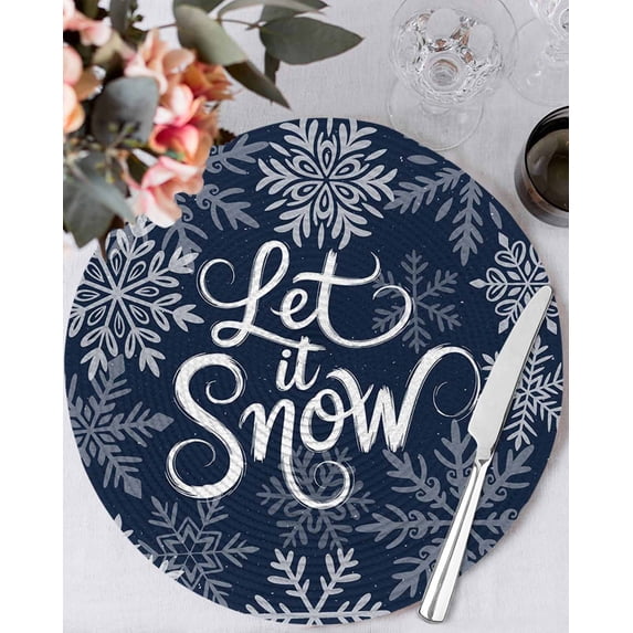 15 Inch Round Placemats Set of 6, Navy Blue Christmas Non Slip Heat Insulation PP Table Mats, Retro Rustic Winter Snowflakes Xmas Washable Place Mats for Kitchen Dining Party Table Decor