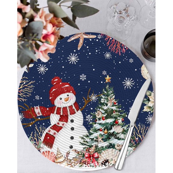 15 Inch Round Placemats Set of 6, Navy Blue Christmas Non Slip Heat Insulation PP Table Mats, Snowman Xmas Tree Coastal Snowflake Starfish Washable Place Mats for Kitchen Dining Party Table Decor