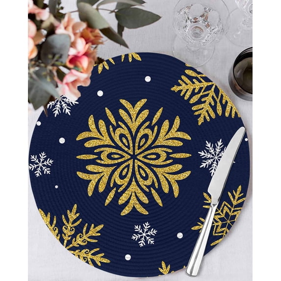 15 Inch Round Placemats Set of 6, Navy Blue Christmas Non Slip Heat Insulation PP Table Mats, Winter Xmas Snowflakes Textured Washable Place Mats for Kitchen Dining Party Table Decor