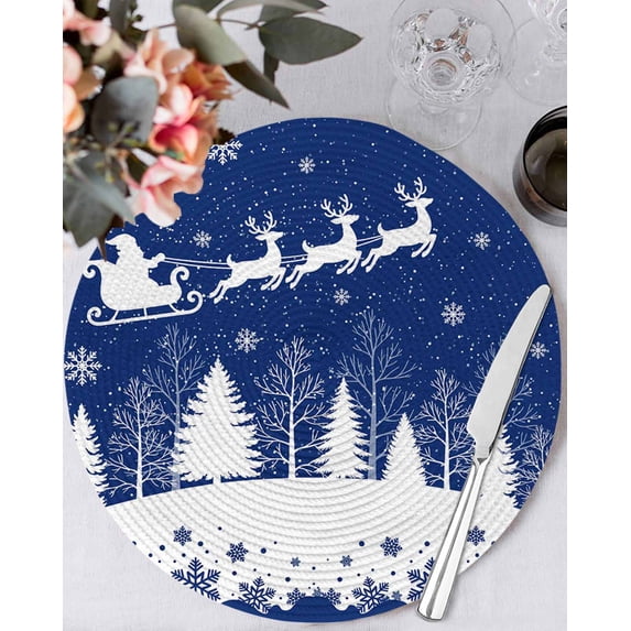 15 Inch Round Placemats Set of 6, Navy Blue Christmas Non Slip Heat Insulation PP Table Mats, Xmas Elk Tree Snowflake Forest Washable Place Mats for Kitchen Dining Party Table Decor