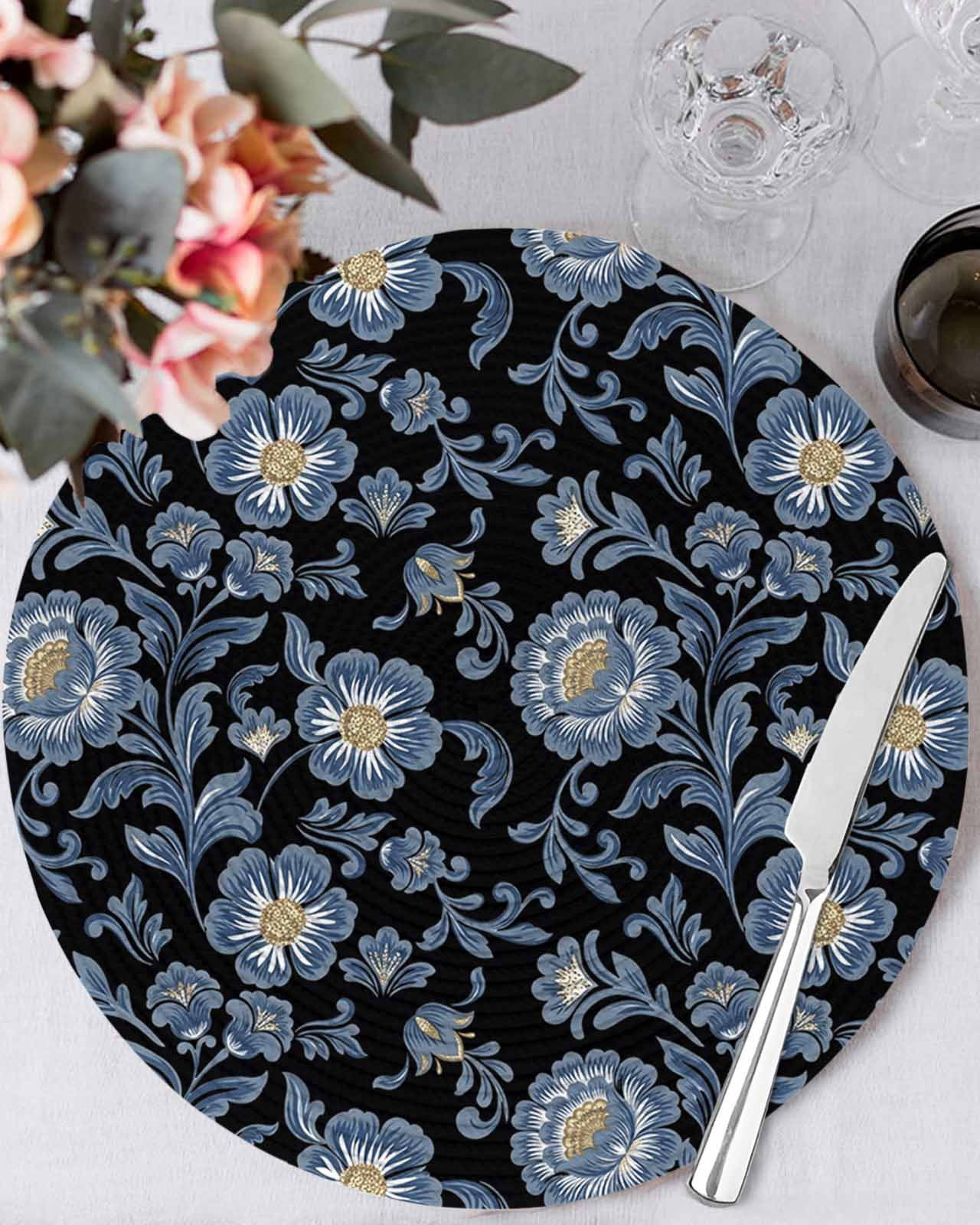 15 Inch Round Placemats Set of 6, Navy Blue Flowers Non Slip Heat ...