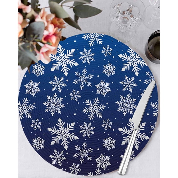 15 Inch Round Placemats Set of 6, Navy Blue Snowflake Christmas Non Slip Heat Insulation PP Table Mats, Winter Xmas Snowflakes Washable Place Mats for Kitchen Dining Party Table Decor
