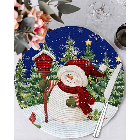 15 Inch Round Placemats Set of 6, Navy Blue Snowman Christmas Non Slip Heat Insulation PP Table Mats, Green Xmas Tree Snowflake Winter Washable Place Mats for Kitchen Dining Party Table Decor