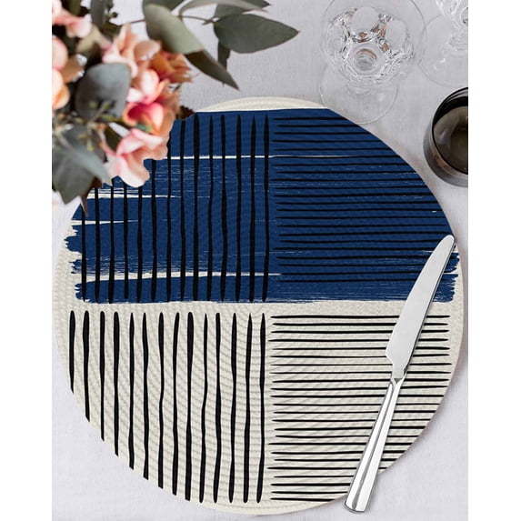15 Inch Round Placemats Set of 6, Navy Blue Striped Non Slip Heat Insulation PP Table Mats, Farmhouse Stripes Modern Abstract Art Washable Place Mats for Kitchen Dining Party Table Decor