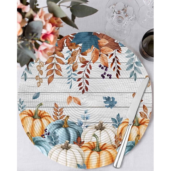 15 Inch Round Placemats Set of 6, Orange Blue Fall Non Slip Heat Insulation PP Table Mats, Thanksgiving Pumpkins Harvest Botanical Vintage Washable Place Mats for Kitchen Dining Party Table Decor