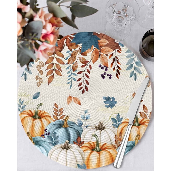 15 Inch Round Placemats Set of 6, Orange Blue Fall Non Slip Heat Insulation PP Table Mats, Thanksgiving Pumpkins Harvest Botanical Washable Place Mats for Kitchen Dining Party Table Decor