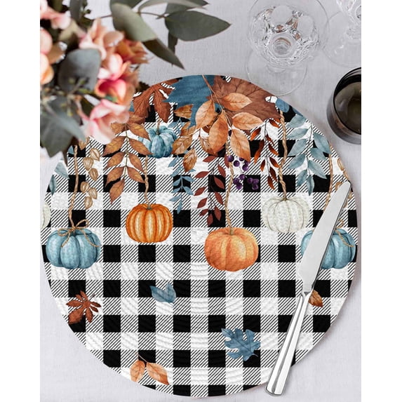 15 Inch Round Placemats Set of 6, Orange Blue Pumpkins Fall Non Slip Heat Insulation PP Table Mats, Weeping Botanical Thanksgiving Plaid Washable Place Mats for Kitchen Dining Party Table Decor